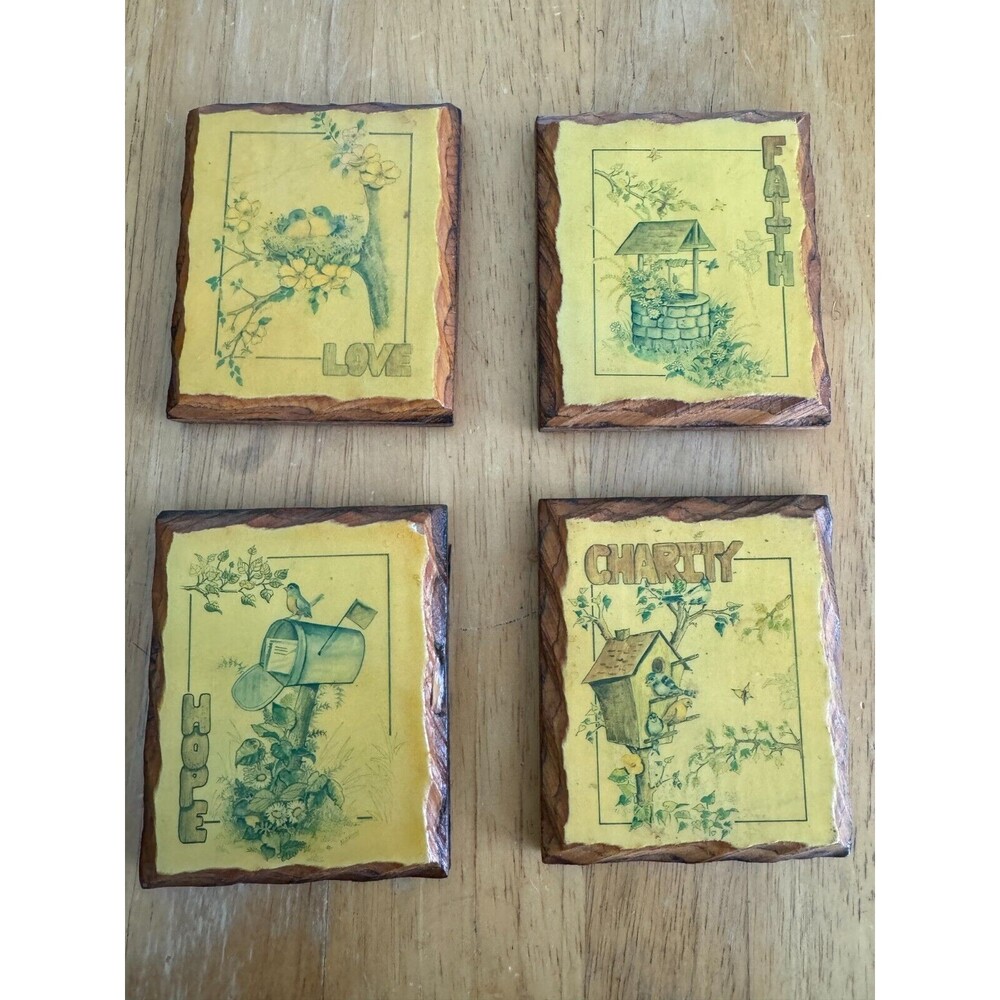 Vtg 4 Rustic Raw Edge Wood Mini Plaques Lacquer Prints LOVE FAITH HOPE CHARITY